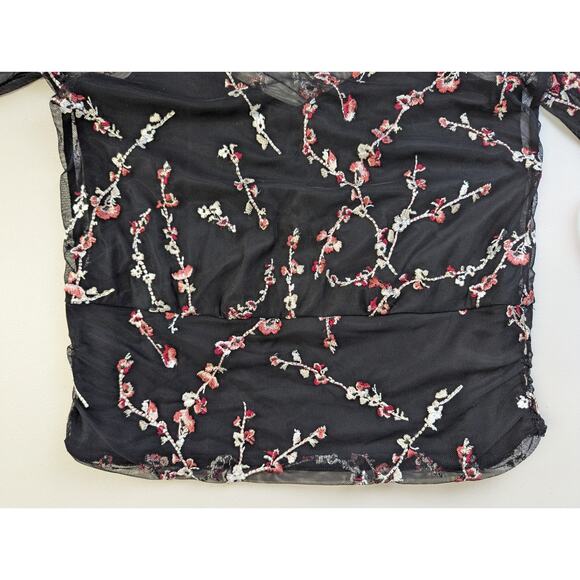 WHBM Embroidered Floral Blouse Large Black Sheer Fairy Grunge Witchy Flowy Dark - Picture 7 of 8